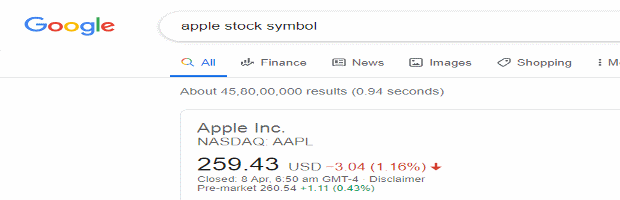 Google search for a stock symbol