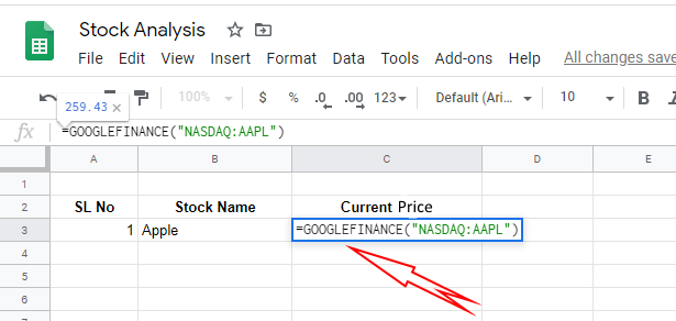 Get current stock price on Google Sheet using GOOGLEFINANCE